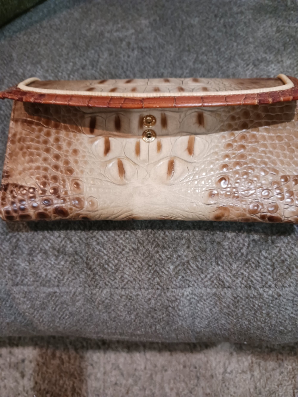 Croc-Embossed Foldover Clutch in Beige and Brown